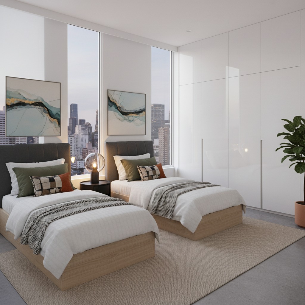 Camera da letto moderna con due letti singoli, armadi a muro bianchi e una vista panoramica sulla città.