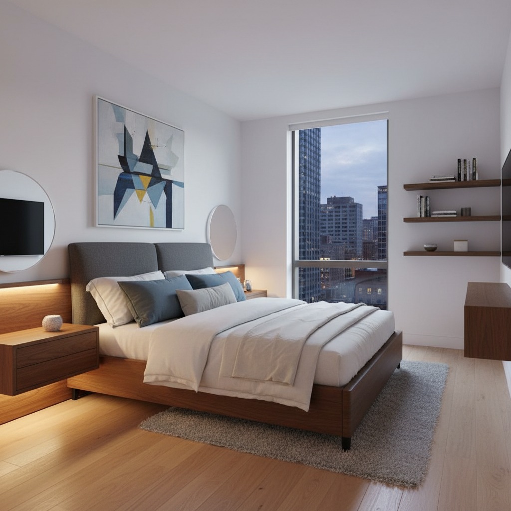 Camera da letto moderna con letto matrimoniale, testiera imbottita grigia, comodini in legno sospesi e una grande finestra con vista sulla città.