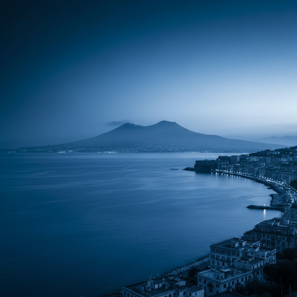 Veduta notturna del Golfo di Napoli con il Vesuvio sullo sfondo e le luci della città che illuminano la costa.